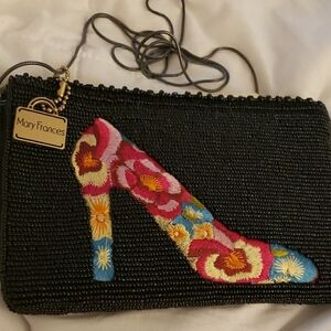 Mary Frances Black Beaded Clutch with Colorful Shoe Design